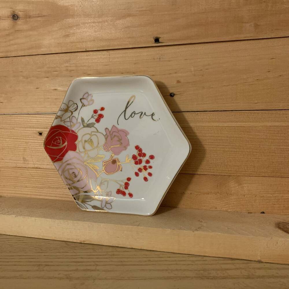 Ceramic Trinket Dish Ring Holder White Hexagon Gold Trim Floral Design